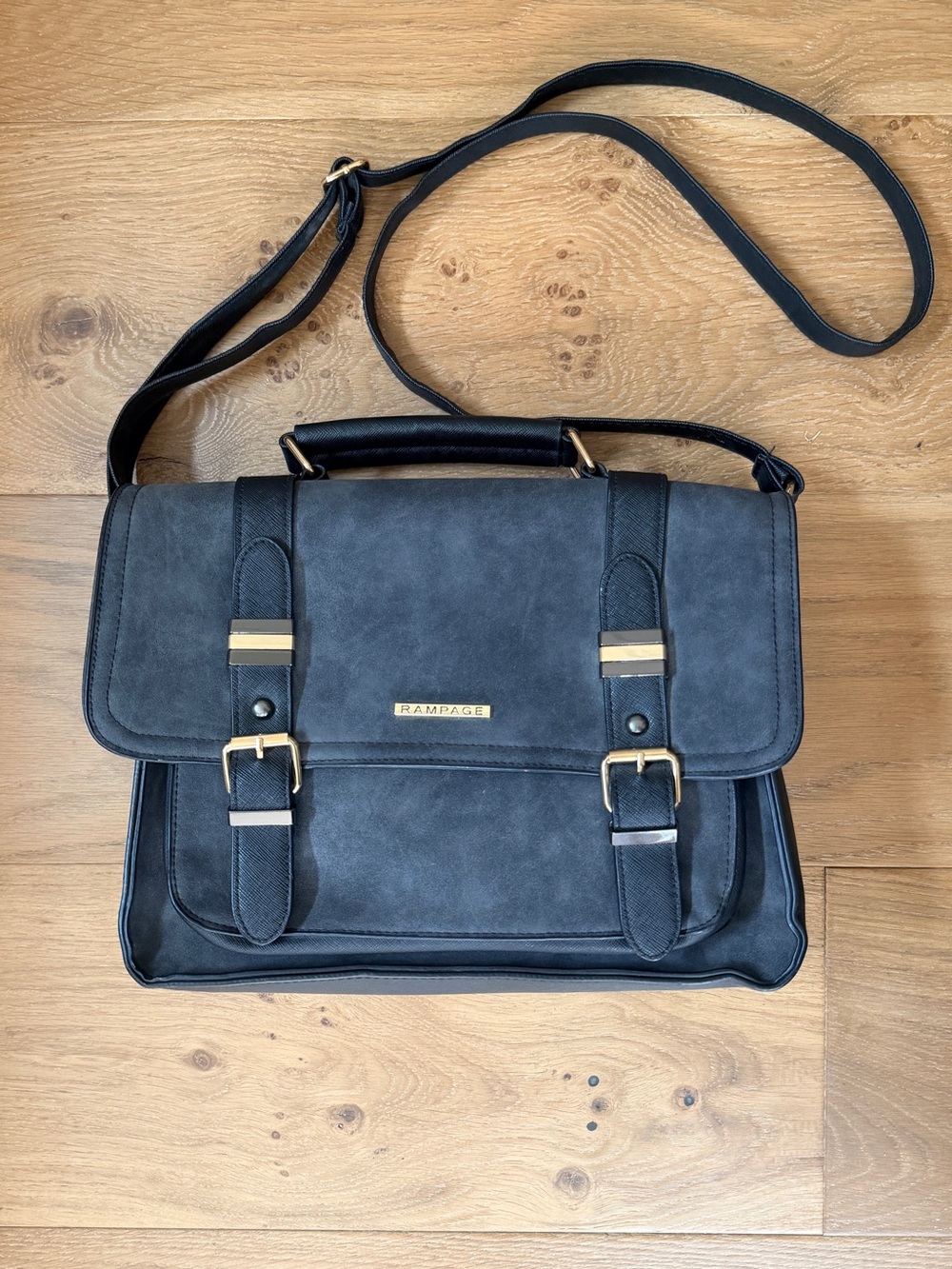 Rampage Retro Black Faux Leather Suede Satchel Messenger Crossbody Bag Laptop